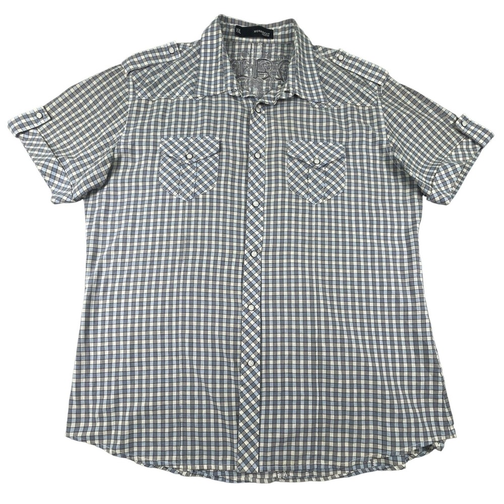 Monarchy Mens XXL Blue Plaid Collection Button Down Y2K Western‎ Gothic Grunge
